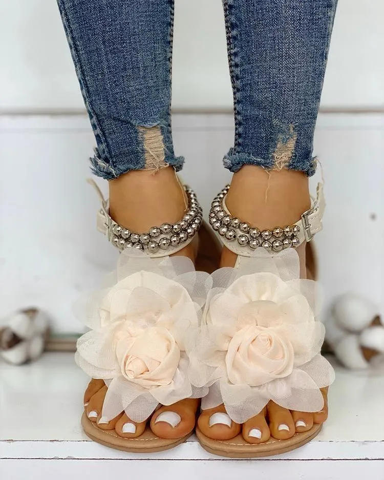 Comfortable Flower Pearly Strap Flat Sandal