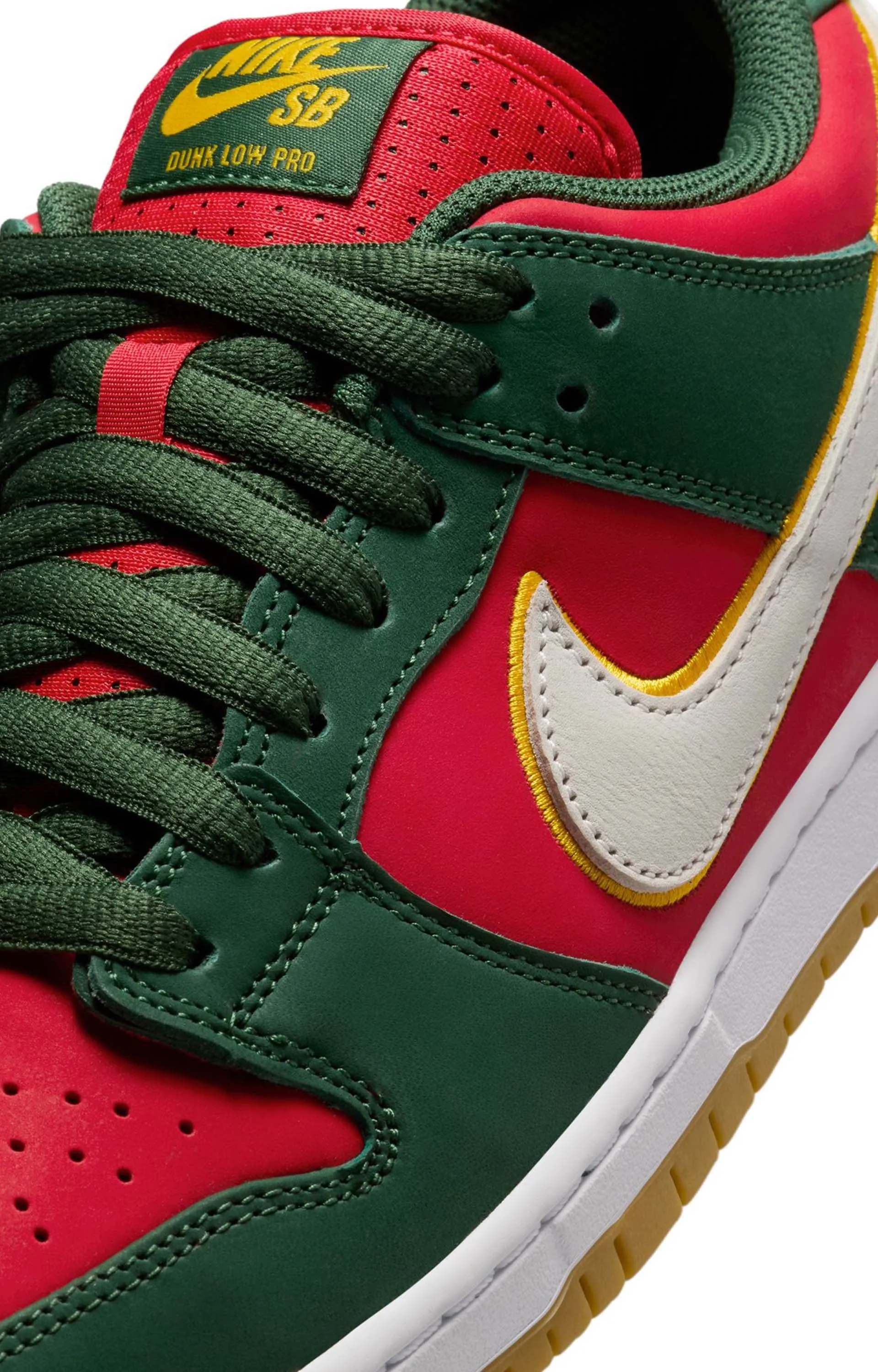 Nike SB Dunk Low Pro Premium Shoe, Fir/White University Gold/Fire Red